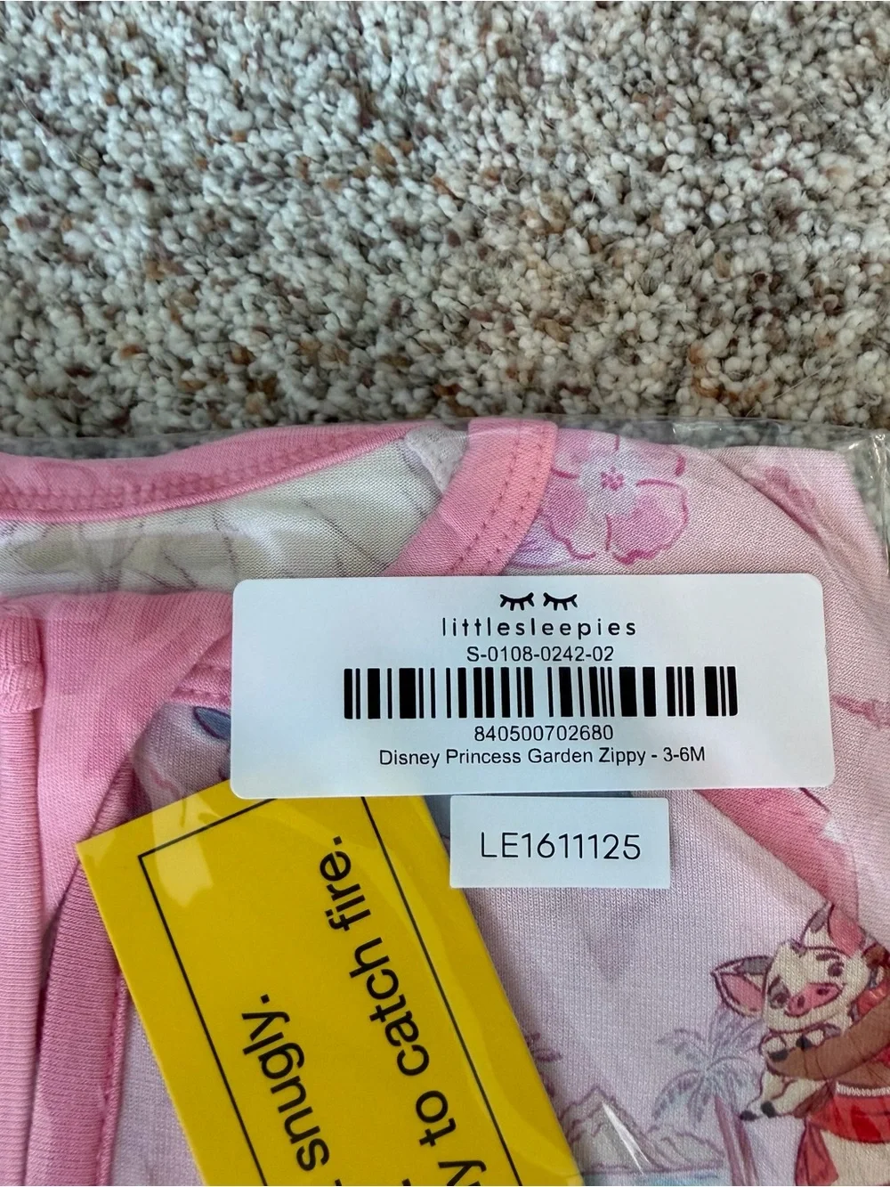 NWT 6-12M Little Sleepies Disney’s Princess Garden Pink Zippy